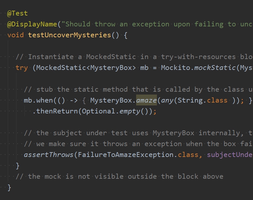 Mockito and JUnit logos visible on top of a code editor with a unit test using a static mock.