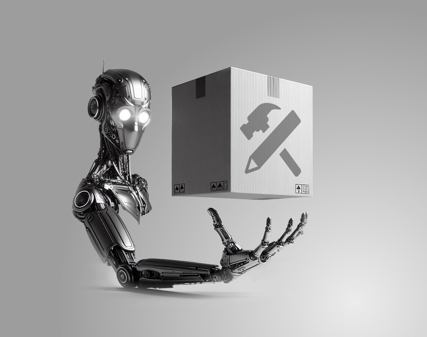 A robot holding a package in its outstretched hand. The package has the same icon printed on it that accompanies the AEMaaCS SDK download in Adobe's Software Distribution portal