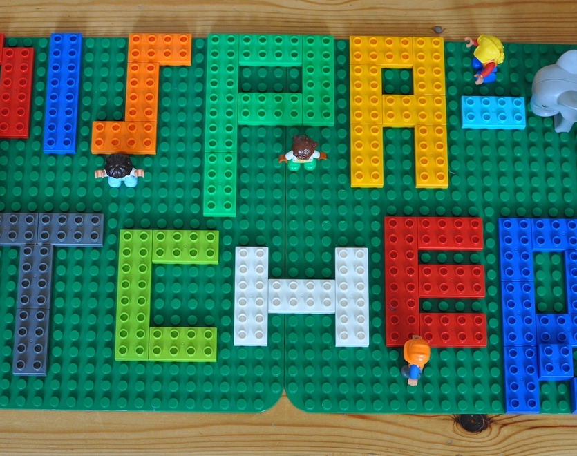 Dispatcher sign made of Lego blocks with Lego elephants
